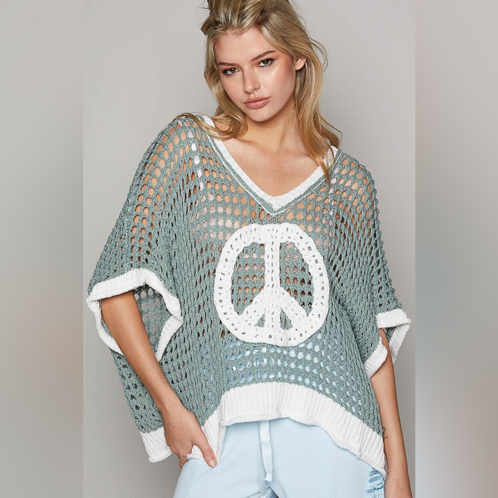 POL Crochet Open-Knit Peace Sign Sweater Poncho in Sage Green and White